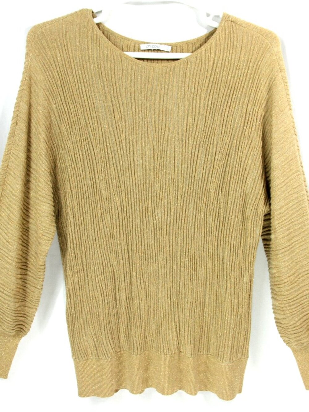 Chicos Beige Gold Metallic Crinkle Knit Bishop Sleeve Dressy Sweater XL Holiday